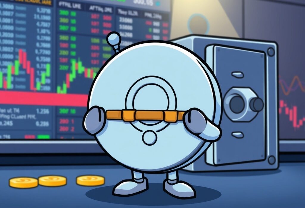 Cartoon illustration depicting a crypto exchange temporarily pausing IOTA deposits withdrawals for essential maintenance and a network upgrade.