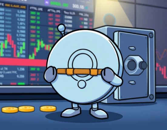 Cartoon illustration depicting a crypto exchange temporarily pausing IOTA deposits withdrawals for essential maintenance and a network upgrade.