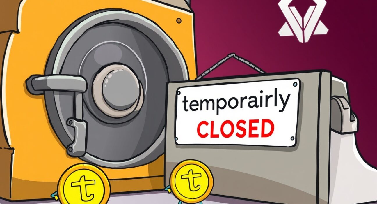 Cartoon showing Upbit's temporary IOTX suspension for deposits and withdrawals during a hard fork, illustrating the pause.