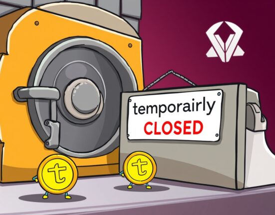 Cartoon showing Upbit's temporary IOTX suspension for deposits and withdrawals during a hard fork, illustrating the pause.