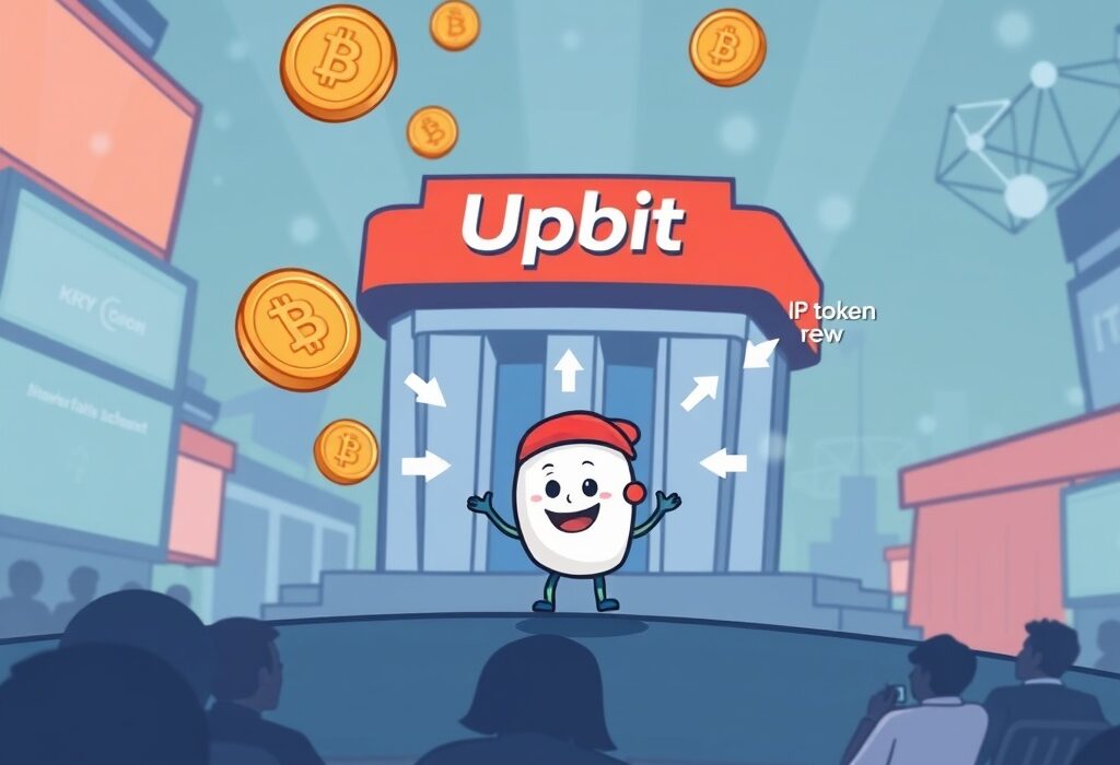 An illustration of the Upbit crypto exchange welcoming the IP token, symbolizing the upcoming Upbit IP listing and new trading opportunities.