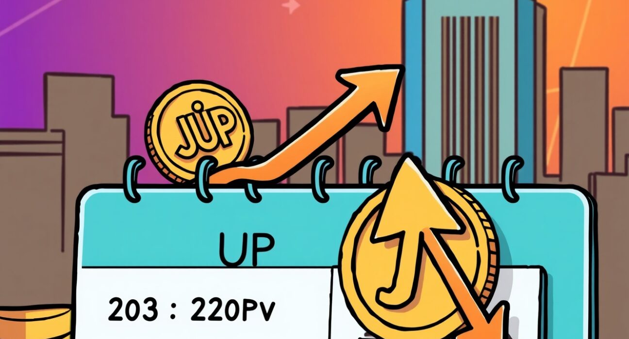 A cartoon illustration showing a dynamic change in the JUP circulating supply schedule, representing Upbit's announcement.