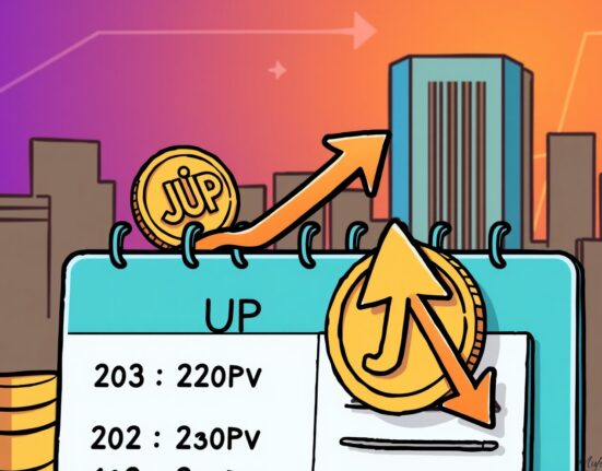 A cartoon illustration showing a dynamic change in the JUP circulating supply schedule, representing Upbit's announcement.