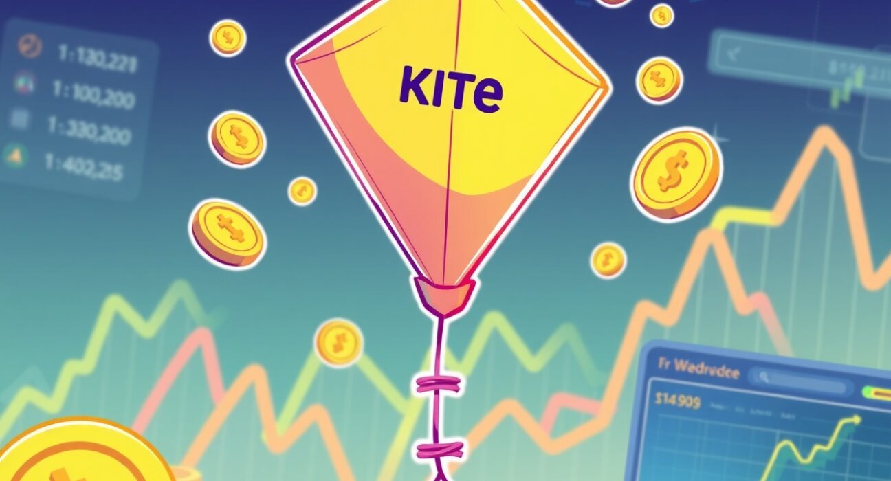 A cartoon kite flying high above a digital exchange, symbolizing the upcoming Kite (KITE) listing on Upbit and new trading opportunities.