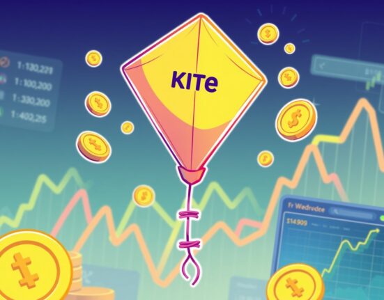 A cartoon kite flying high above a digital exchange, symbolizing the upcoming Kite (KITE) listing on Upbit and new trading opportunities.