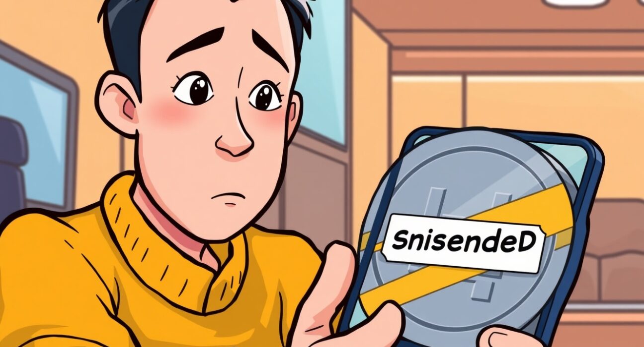 A cartoon person reacting to an urgent Upbit KRW suspension notice on their phone, indicating temporary service halt.