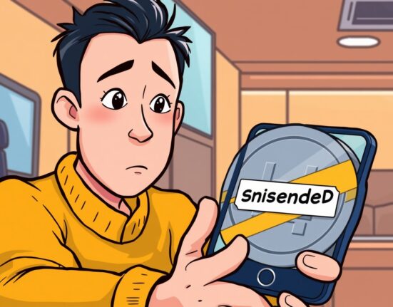 A cartoon person reacting to an urgent Upbit KRW suspension notice on their phone, indicating temporary service halt.