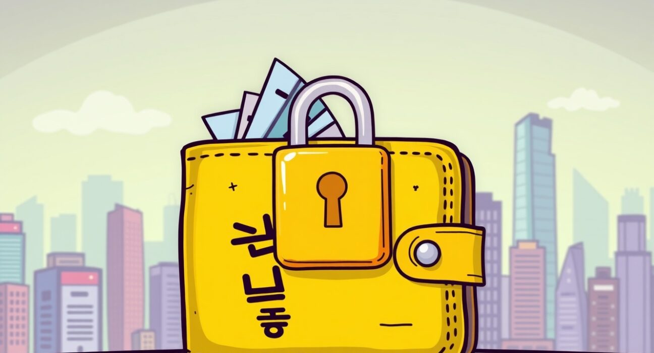A cartoon illustration showing a locked digital wallet with KRW symbols, representing the temporary Upbit KRW suspension for deposits and withdrawals.