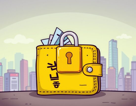 A cartoon illustration showing a locked digital wallet with KRW symbols, representing the temporary Upbit KRW suspension for deposits and withdrawals.