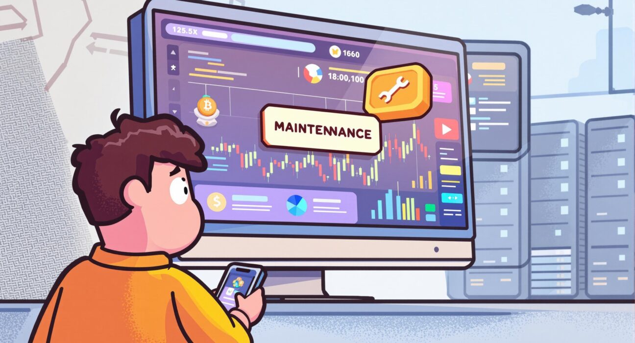 A cartoon illustration showing a trader reacting to the Upbit KRW trading suspension for maintenance.