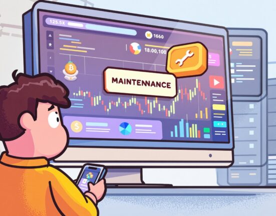 A cartoon illustration showing a trader reacting to the Upbit KRW trading suspension for maintenance.