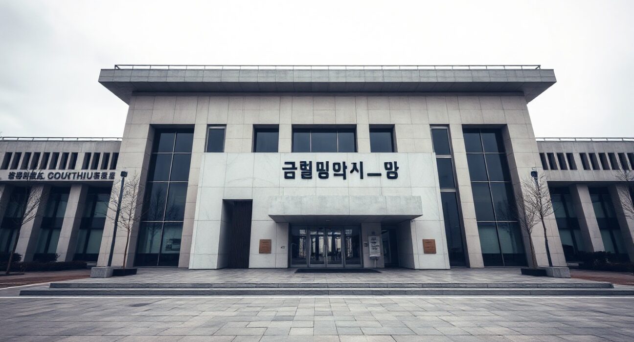 Exterior of a South Korean courthouse under overcast sky, symbolizing the legal ruling against the Upbit investor.