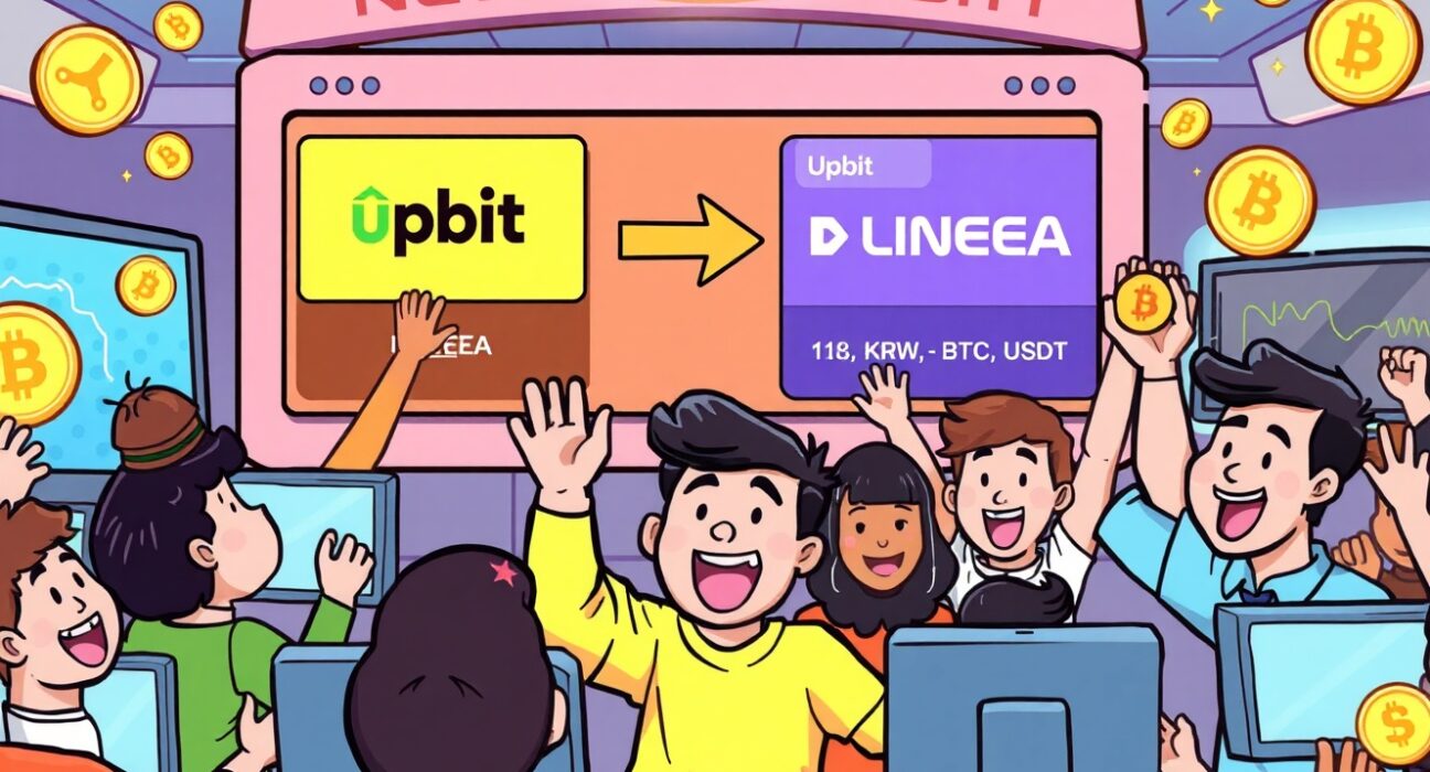An animated scene showing a digital exchange platform highlighting the Upbit Linea listing, signifying new trading opportunities.