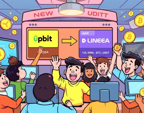 An animated scene showing a digital exchange platform highlighting the Upbit Linea listing, signifying new trading opportunities.