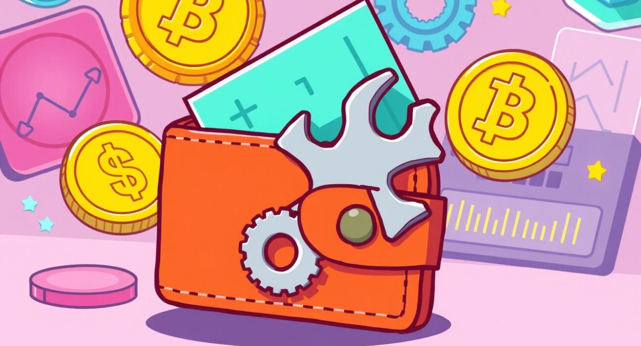 A cartoon illustration showing wallet maintenance, signifying the Upbit Linea suspension for upgrades.