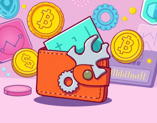 A cartoon illustration showing wallet maintenance, signifying the Upbit Linea suspension for upgrades.