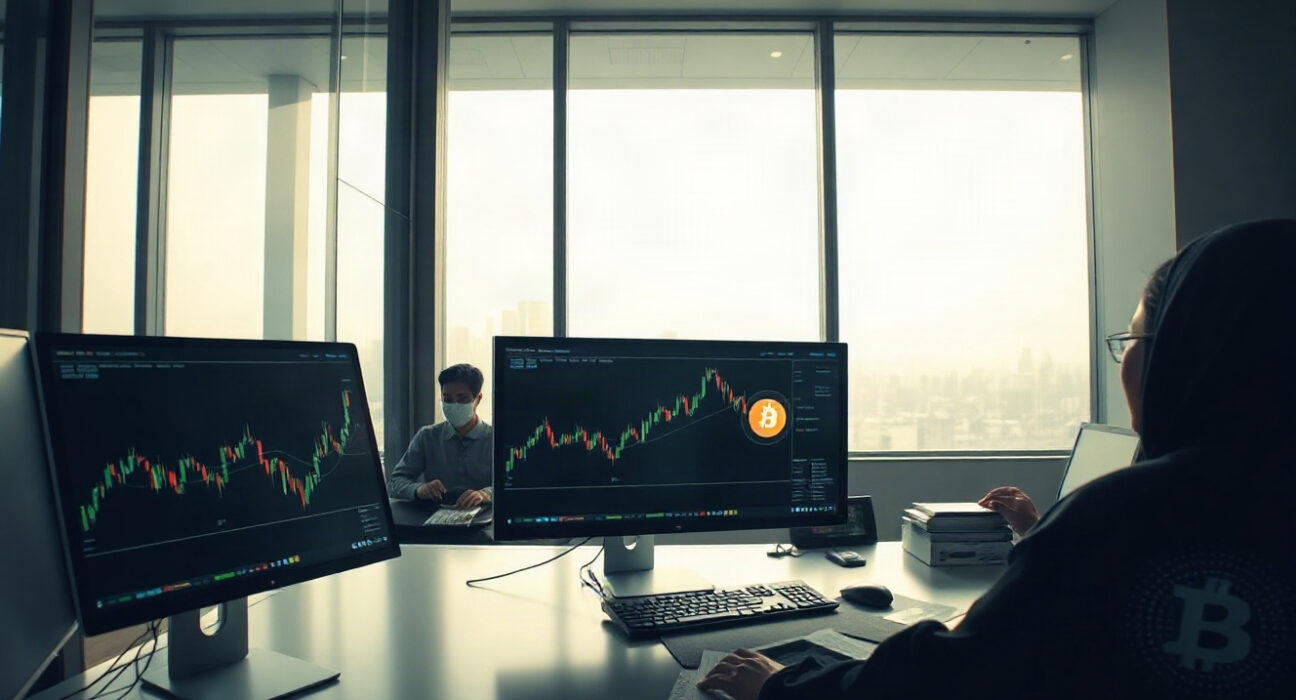 Trading screens showing cryptocurrency charts at a professional desk, representing Upbit's listing of LIT on the KRW pair.