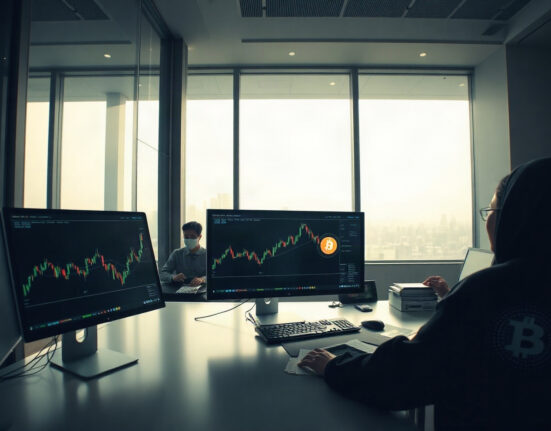 Trading screens showing cryptocurrency charts at a professional desk, representing Upbit's listing of LIT on the KRW pair.