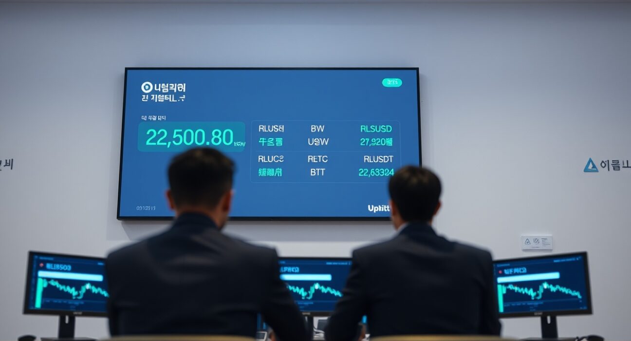 Upbit trading screen showing RLUSD listing with KRW, BTC, and USDT pairs in a professional trading environment.