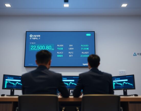 Upbit trading screen showing RLUSD listing with KRW, BTC, and USDT pairs in a professional trading environment.