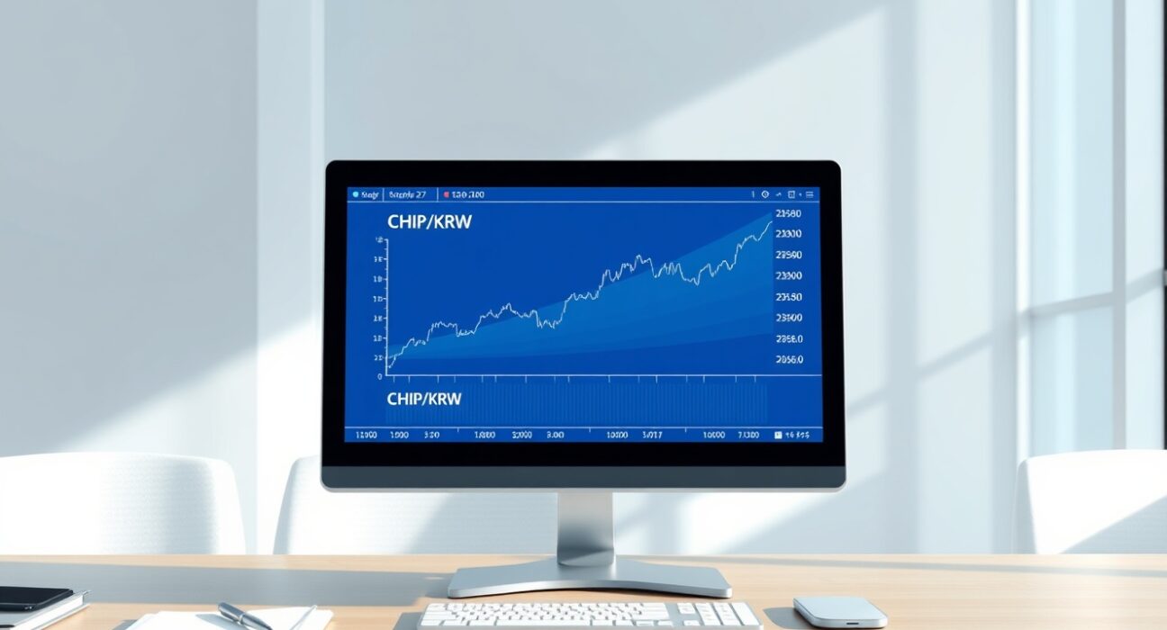 Professional trading desk showing Upbit exchange interface with CHIP cryptocurrency listing data