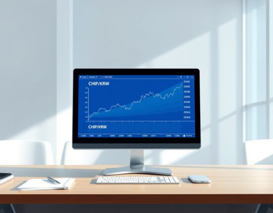 Professional trading desk showing Upbit exchange interface with CHIP cryptocurrency listing data