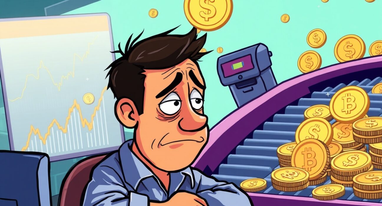 Cartoon illustration showing a crypto trader observing the diminished Upbit listing effect as new tokens flood the market, impacting potential gains.