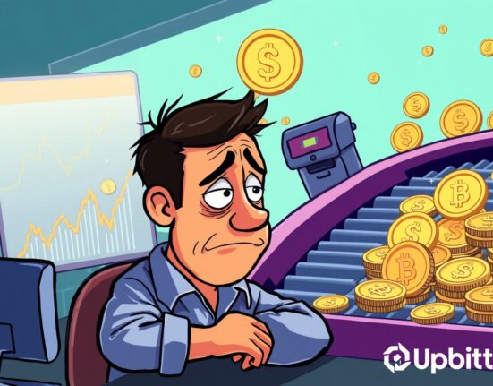 Cartoon illustration showing a crypto trader observing the diminished Upbit listing effect as new tokens flood the market, impacting potential gains.