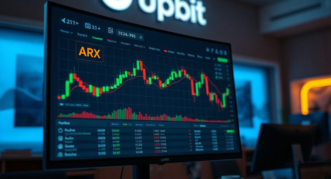 Upbit cryptocurrency exchange trading interface showing ARX ticker and candlestick charts