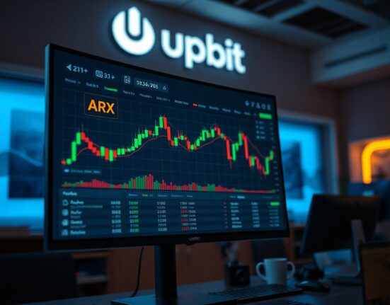 Upbit cryptocurrency exchange trading interface showing ARX ticker and candlestick charts
