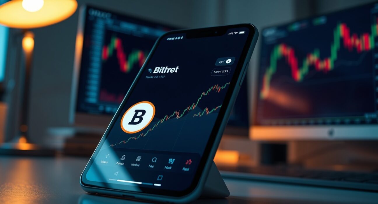 Upbit trading interface displaying Bithree (B3) token on a smartphone in a professional office setting