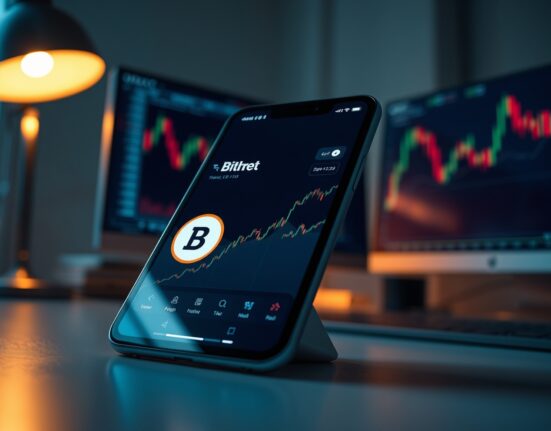 Upbit trading interface displaying Bithree (B3) token on a smartphone in a professional office setting