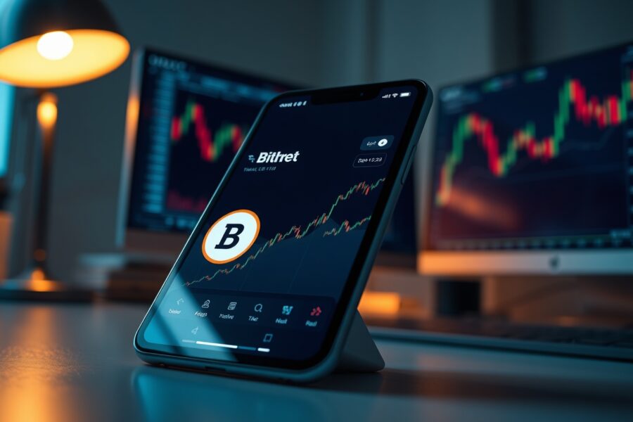 Upbit trading interface displaying Bithree (B3) token on a smartphone in a professional office setting