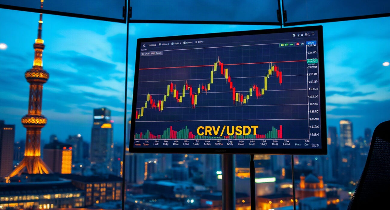Digital trading screen showing CRV/USDT pair on Upbit with Seoul skyline in background