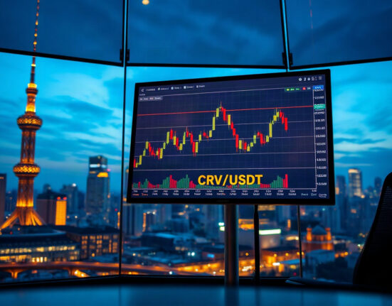 Digital trading screen showing CRV/USDT pair on Upbit with Seoul skyline in background