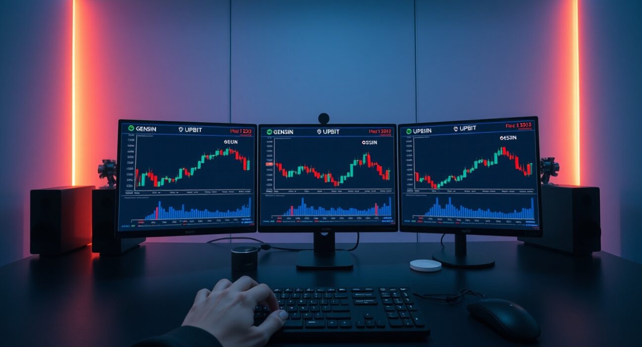 Upbit exchange trading interface showing Genshin AI token listing on multiple monitors