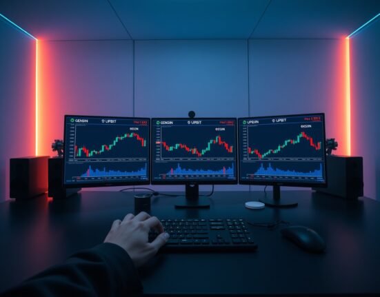 Upbit exchange trading interface showing Genshin AI token listing on multiple monitors