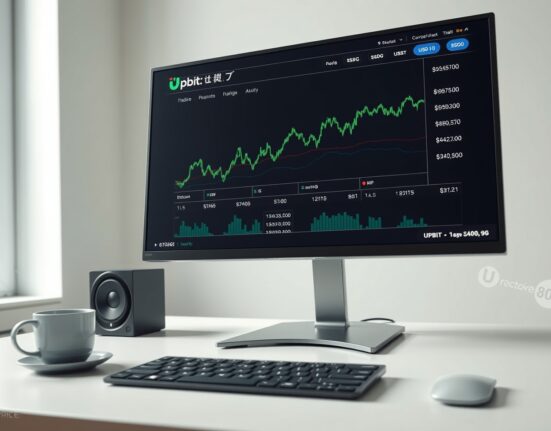 Upbit exchange interface showing USDG trading pairs with KRW, BTC, and USDT on a digital display.