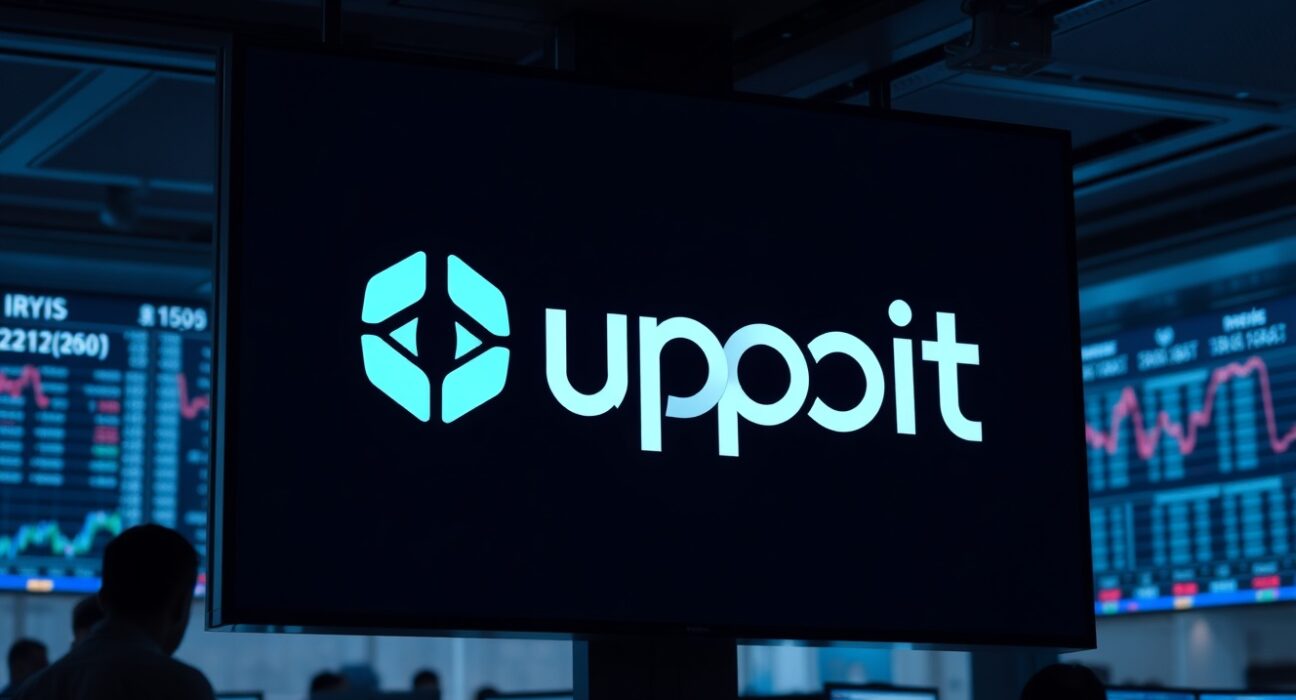 Upbit exchange listing announcement for Irys (IRYS) token displayed on a trading floor screen.