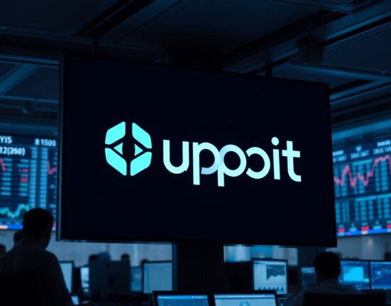 Upbit exchange listing announcement for Irys (IRYS) token displayed on a trading floor screen.
