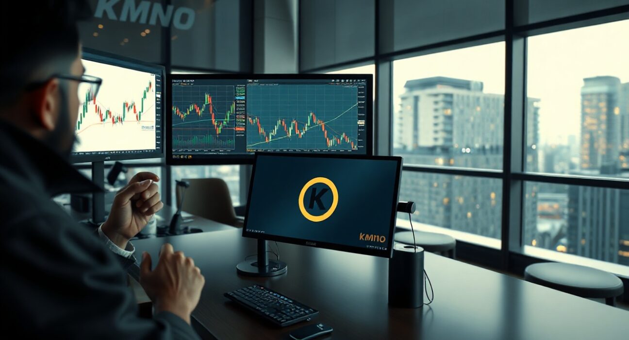 Upbit trading interface with KMNO charts on a monitor in a professional trading environment