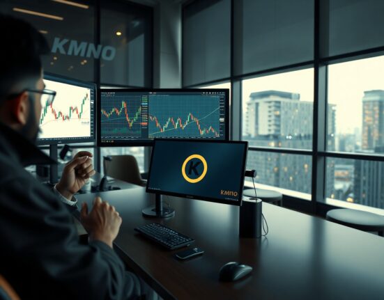 Upbit trading interface with KMNO charts on a monitor in a professional trading environment