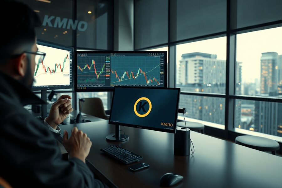Upbit trading interface with KMNO charts on a monitor in a professional trading environment