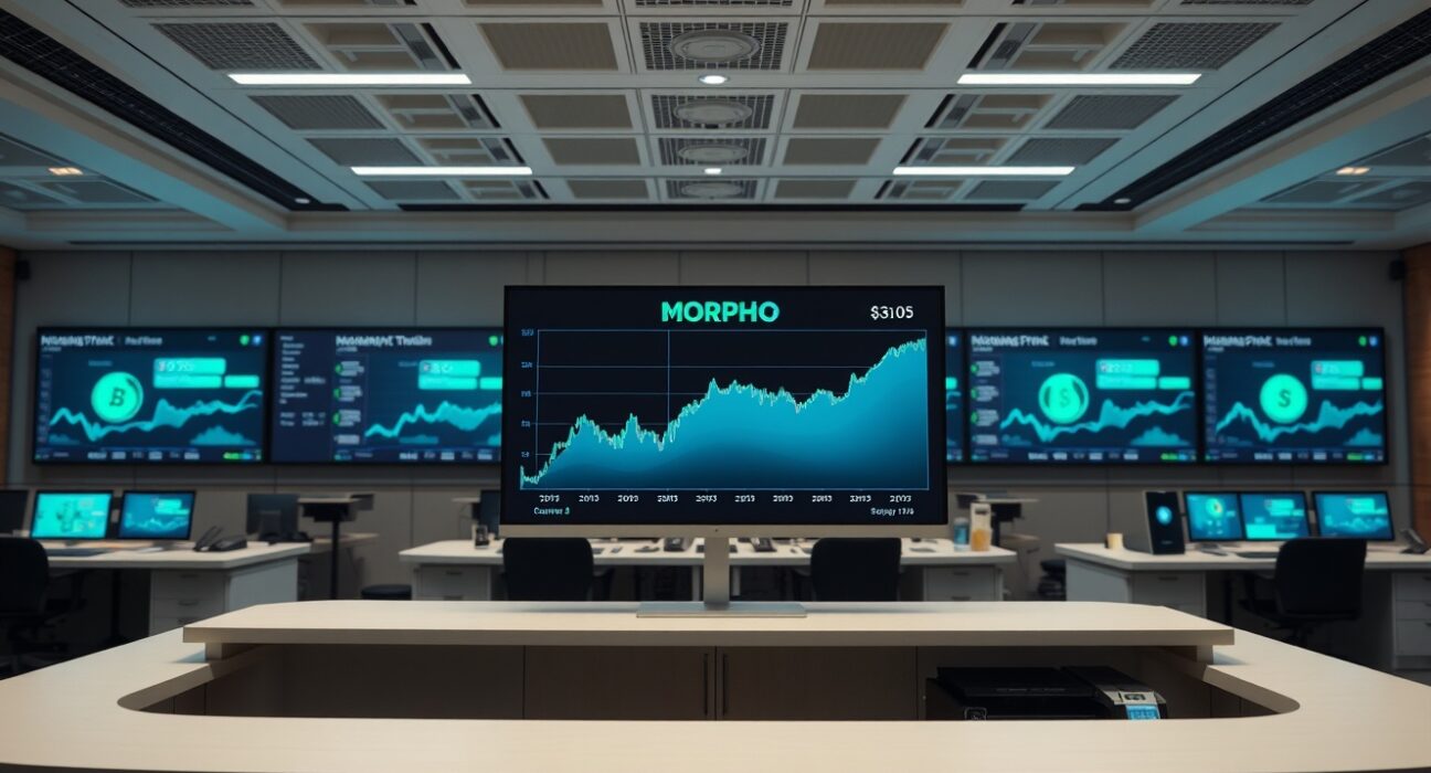 Upbit trading platform displaying MORPHO token price chart on a monitor in a Seoul trading office.