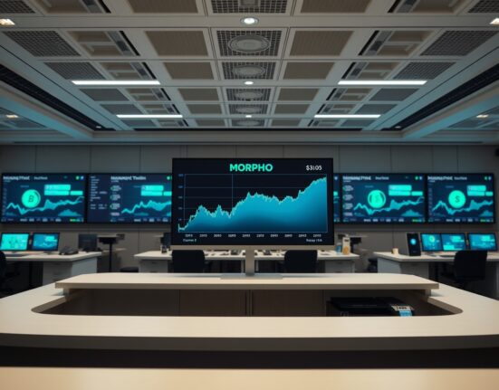 Upbit trading platform displaying MORPHO token price chart on a monitor in a Seoul trading office.