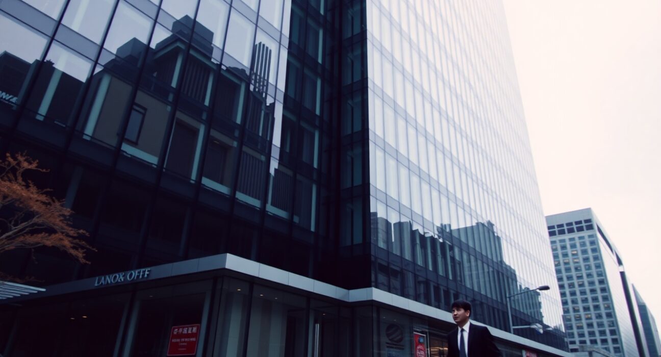 Exterior of a modern office building in Seoul, South Korea, representing a financial exchange.