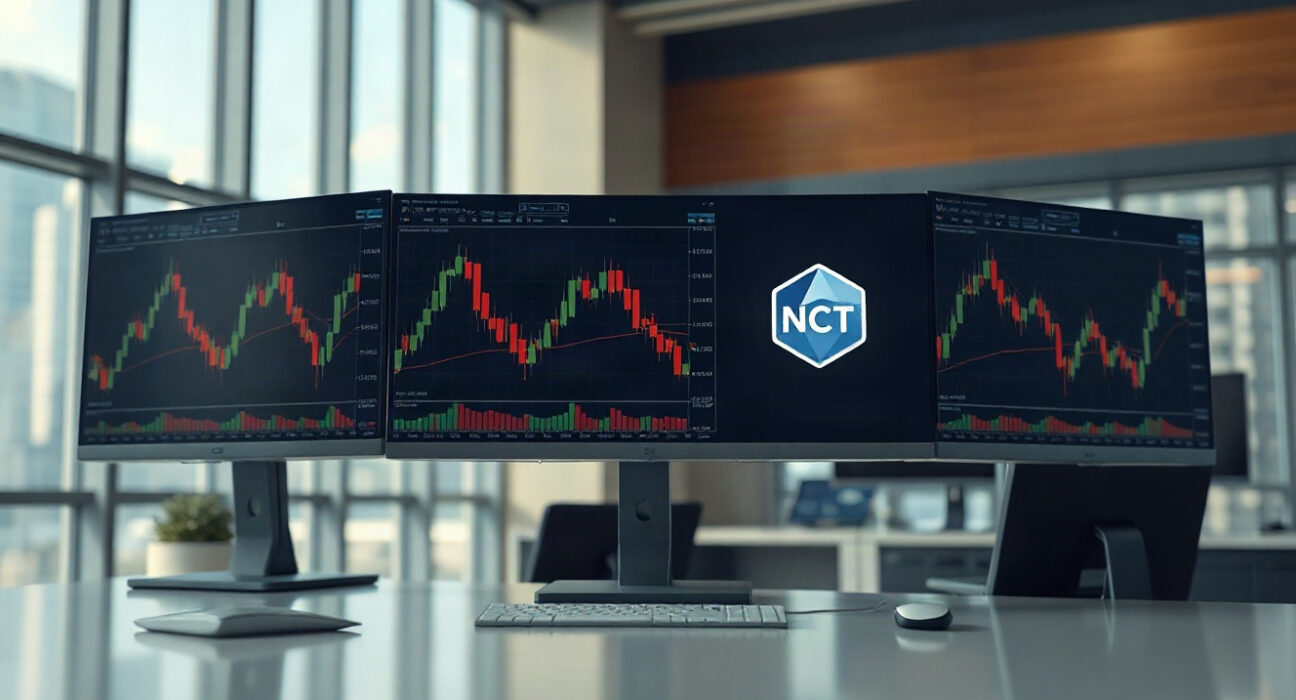 Trading monitors showing NCT charts at a professional crypto trading desk in Seoul
