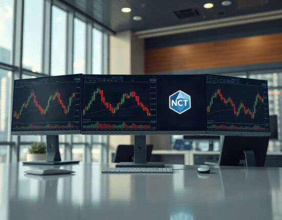 Trading monitors showing NCT charts at a professional crypto trading desk in Seoul