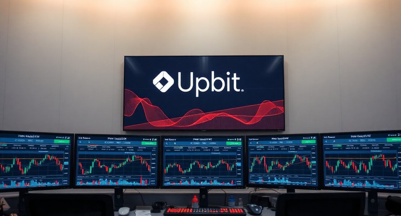 Upbit trading platform showing PROM/USDT pair on monitors in a professional trading environment.