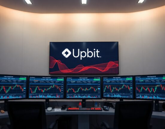Upbit trading platform showing PROM/USDT pair on monitors in a professional trading environment.